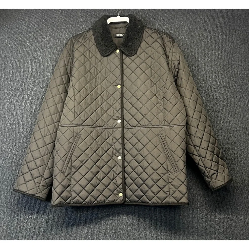 Ralph Lauren Black Quilted Faux Collar Diamond Puffer Jacket Sz 2X Lightweight